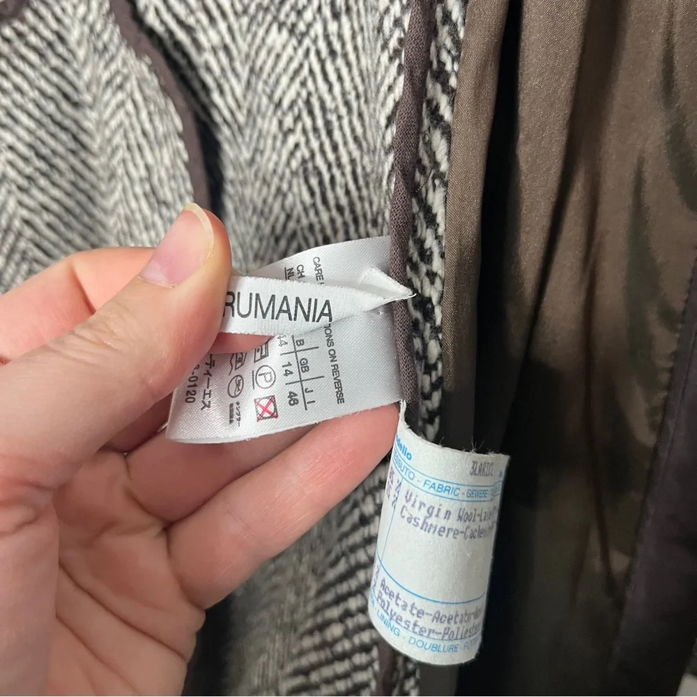 MaxMara Wool Cashmere Herringbone Tweed Trench Dress Coat Leather Belt Size 12 - Picture 12 of 14